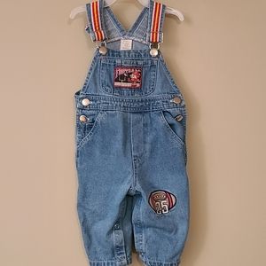 Vintage denim overalls with football detail